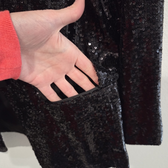 Express Black Sequin Peak Lapel Boyfriend Tuxedo Blazer Jacket Satin Trim | XS - Picture 5 of 8